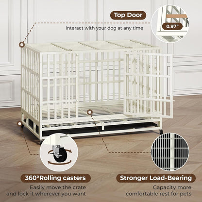 48 Inch Heavy Duty Dog Crate Steel Escape Proof, Indoor Double Door High Anxiety Cage Removable Tray, Extra Large,White