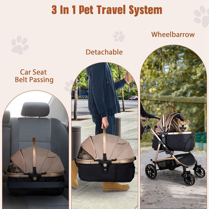 3 in 1 Multifunction Pet Stroller for Small Medium Dogs Cats, No-Zip Dog Stroller with Detachable Carrier & Cup Holder, One-Hand Quick Fold, 4 Wheels Travel Foldable Aluminum Alloy Frame Up to 33 lbs