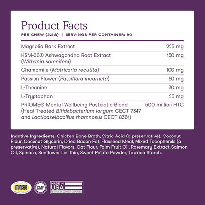 Fera Pets Dog Calming Chews - Anxiety Relief Support - Promotes Relaxation - Ashwagandha & Priome® Mental Wellbeing Postbiotic Blend - 30 Soft Chews