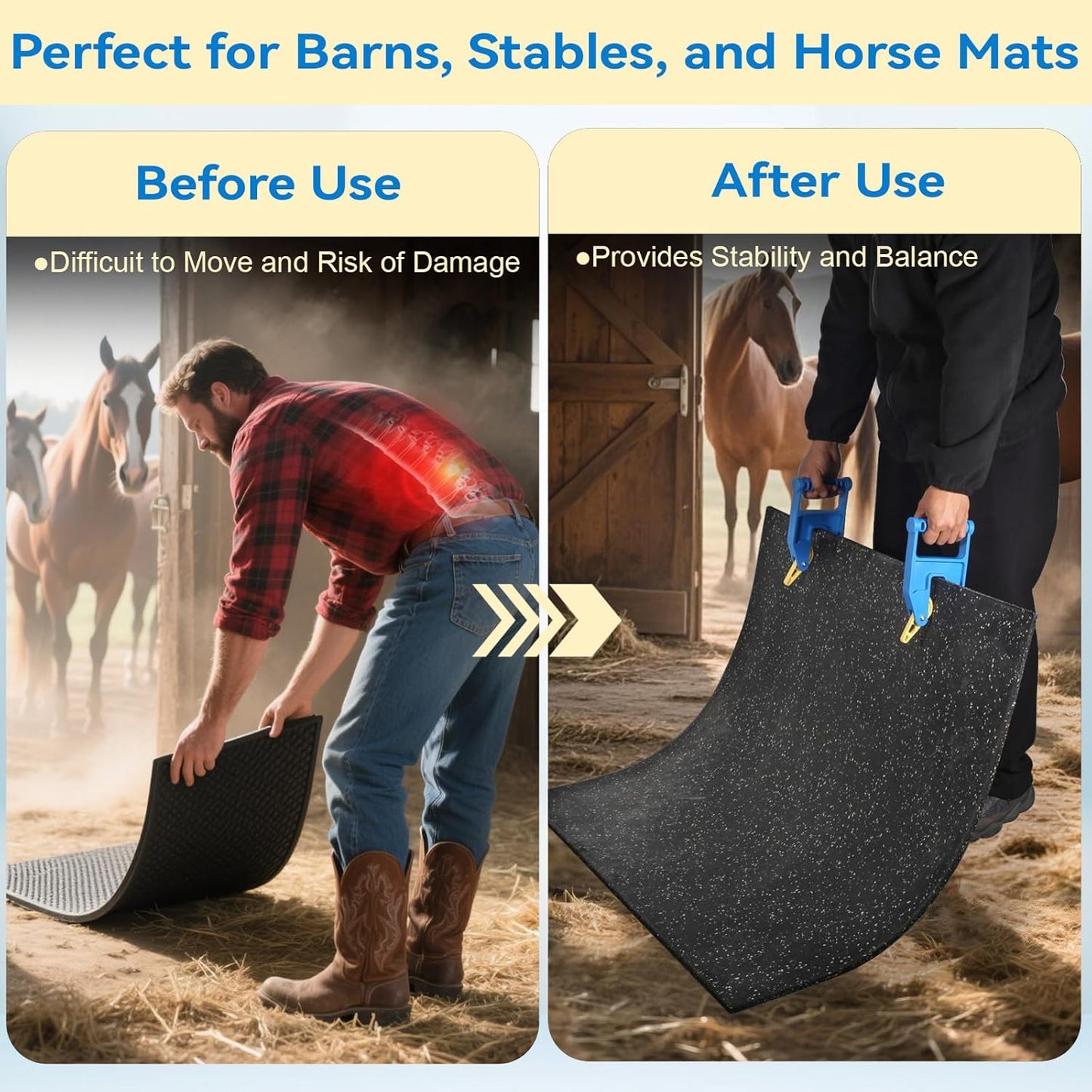Heavy Duty Stall Mat Gripper, a Pair of Mat Mover Tool - Effortless Remover for Thick Rubber Mats in Horse Stalls, Barn, Gym, Trailer - Easy Lift & Move to Save Your Back