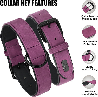 Didog Soft Padded PU Leather Dog Collar, Breathable and Adjustable Dog Collars for Medium Dogs, Comfortable for Daily Walk, Purple, L Fit Neck 13-17"(22-44 lbs)