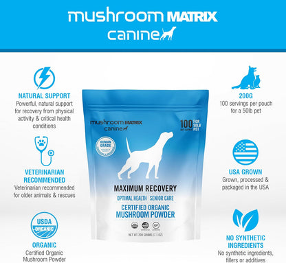 Om Mushroom Matrix Maximum Recovery Mushroom Pet Supplement Powder, Supports Optimal Health & Senior Care for Dogs & Cats, 200 Grams, 7.1 oz