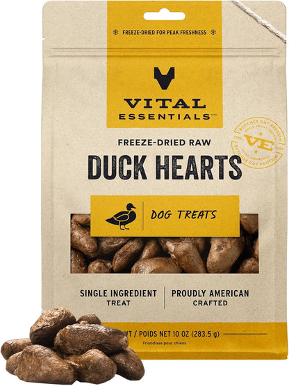 Vital Essentials Duck Hearts Dog Treats, 10 oz | Freeze-Dried Raw | Single Ingredient | Premium Quality High Protein Training Treats | Grain Free, Gluten Free, Filler Free
