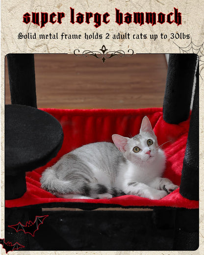 Gothic Cat Tree with Super Large Hammock, 56.3" Black Cat Tower with Coffin Bed, Cat Condo, Sisal Scratching Posts & Top Perch, Multi-Level Goth Cat Tree, Halloween, Black