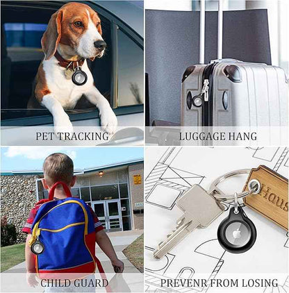 4 Pack IPX8 Waterproof Compatible with AirTag Keychain Holder Case,Lightweight, Anti-Scratch,Easy Installation,Soft Full-Body Shockproof for Luggage,Keys,Dog Collar(Clear/Black/Black/Blue)