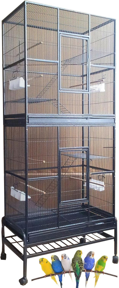 Large Double Stacker Breeding Flight Bird Wrought Iron Double Parrot Bird Separate Breeder Cages Side Nesting Box Doors Easy to Clean Bottom Grates and Trays Removable Rolling Stand