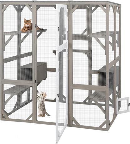 Catio Outdoor Cat Enclosure Cat House, Large Wooden Walk-in Cat Cage Condo Indoor Playpen with Multi Platforms, Flat Roof, and 2 Resting Box (Grey, 70.9" L x 36.5" W x 70.9" H)