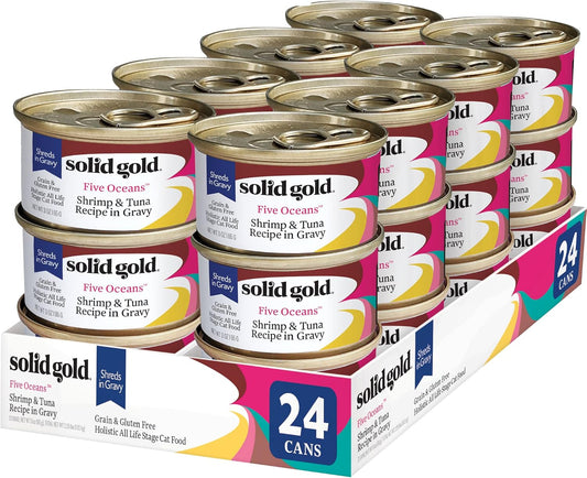 Solid Gold Wet Cat Food Shreds in Gravy - Healthy Canned Cat Food Made w/Real Tuna, Shrimp, Vitamins, Minerals & Taurine - Grain Free & Gluten Free Canned Meals for Cats & Kittens - 24ct/3oz Can