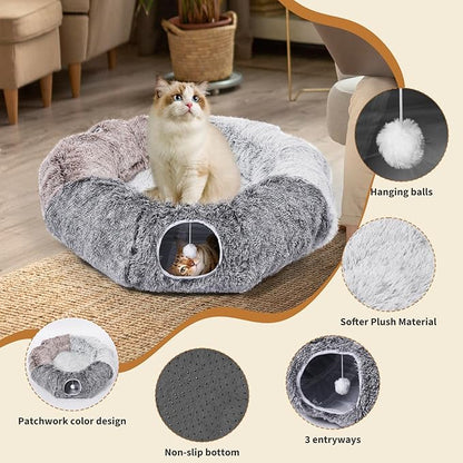 Odoland Large Cats Tunnels for Indoor Cats Fluffy Warm Cat Bed and Detachable Cave Tunnels with 20 Pet Toys, Donut Tunnel and Variety Kitten Toy Set for Chewing Playing