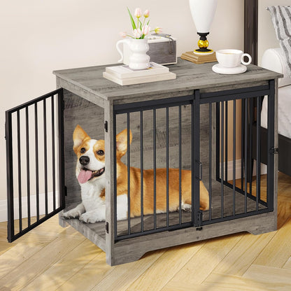 31.9" Dog Crate Furniture with Barn Door, Heavy Duty Dog Kennel Indoor with 2 Doors, Wooden Pet Cage End Table for Small Medium Dogs up to 44 lb, Anti-Chew Anti-Escape, Greige DFC83605B