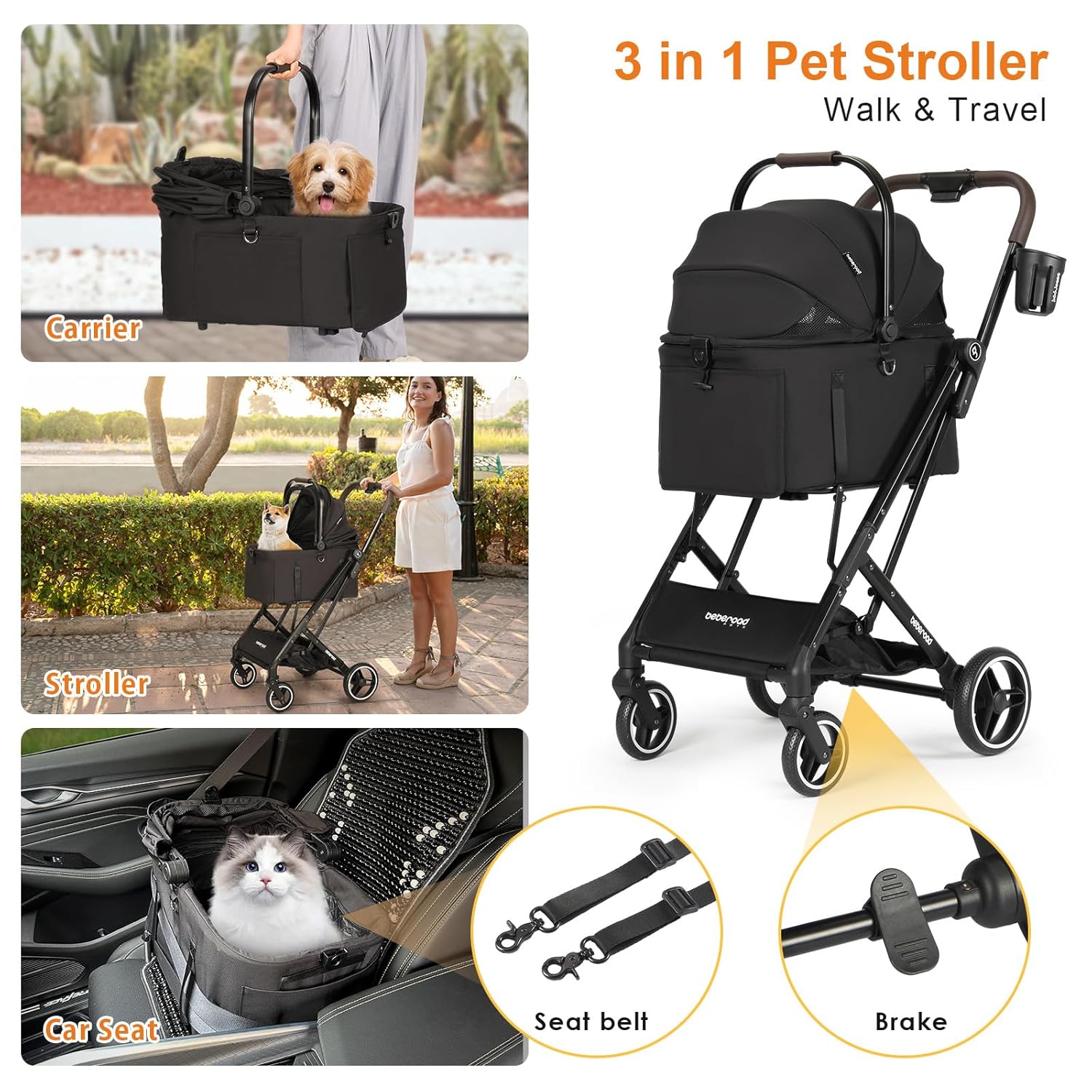 X2 Pet Stroller, Dog Cat Stroller for Small Pets Under 44lbs, Equipped with Detachable & Foldable Carrier, Waterproof Pad & Sunshade Canopy,Camel (Black) - Pawvie