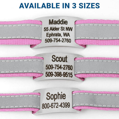 GoTags Reflective Personalized Dog Collar with Nameplate, Adjustable Dog Collar with Custom Engraved Steel Slide On Pet ID Tag, Silent, No Noise Dog Tag for Large Medium or Small (Pink, Medium)