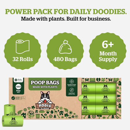 Pogi's Compostable Poop Bags – Leak-Proof, Extra-Large, Made with Plants – 32 Rolls (480 Bags)
