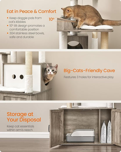 Feandrea Cat Tree, 66.9-Inch Cat Tower with Litter Box Enclosure, Large Condo with Food Station, Storage, Scratching Posts, Cave, Hammock, Washable Cushions, Heather Greige UPCT169K02