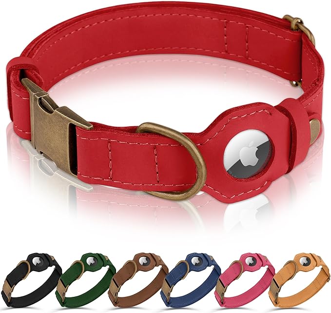 AirTag Dog Collar - Genuine Leather Dog Collar with Apple AirTag Holder and Metal Buckle - Smart GPS Tracking Pet Collars (Red, XS, 9"-12" Neck Fit)