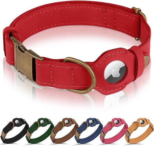 AirTag Dog Collar - Genuine Leather Dog Collar with Apple AirTag Holder and Metal Buckle - Smart GPS Tracking Pet Collars (Red, XS, 9"-12" Neck Fit)