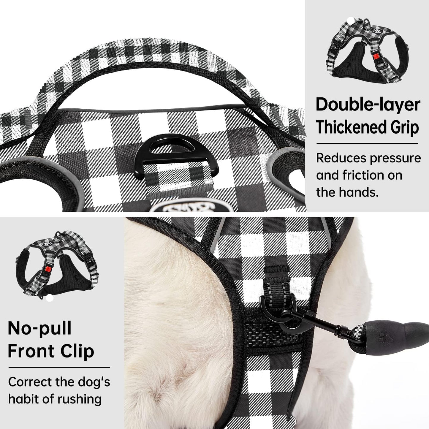 IVY&LANE No Pull Dog Harness with Leash Set, Reflective No Choke Pet Vest,Adjustable Oxford Dog Vest Harness with Easy Control Handle for Large Dogs (Checkered Black,XL)