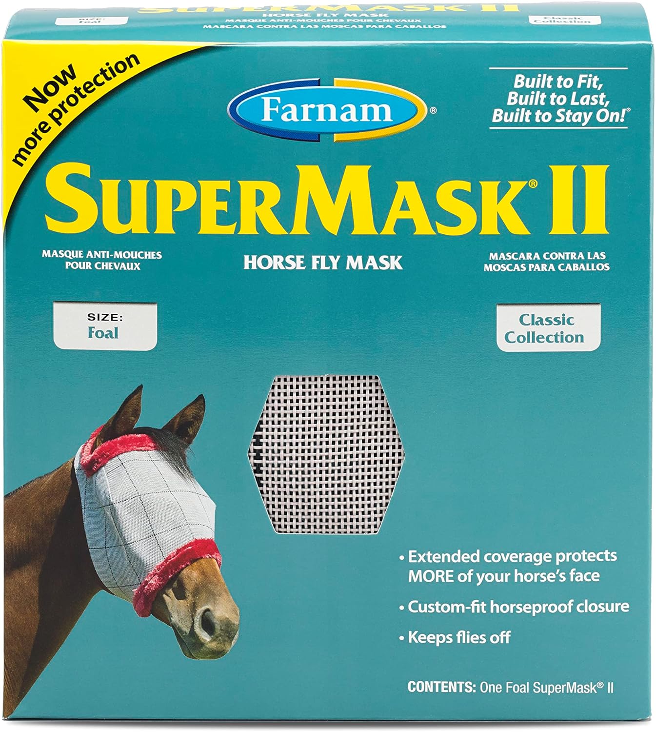 Farnam SuperMask II Fly Mask Without Ears for Foals, Full Face Coverage and Eye Protection from Insect Pests, Structured Classic Styling Mesh with Plush Trim, Foal Size