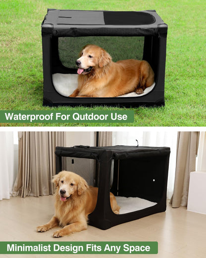 24 Inch Collapsible Travel Dog Crate for Medium Large Dogs, Portable Dog Crate 4-Door Foldable Soft Kennel with Durable Mesh Windows for Indoor & Outdoor Travel, with Storage Bag,Black