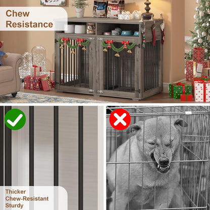 Furniture Dog Crate for 2 Dogs, 41 Inch Dog Kennel Furniture with Removable Divider and Shelf Storage, Wooden Dog Crate for Small/Medium Dogs, Grey