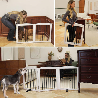 Foldable Wooden Freestanding Dog Gate - 32" H, 3 Panels, Stairs/Doorways, Support Feet Included, White