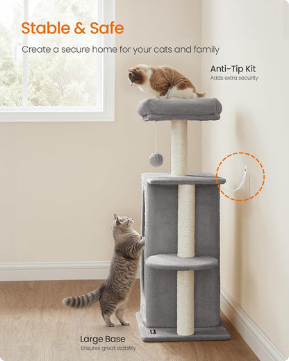 Feandrea Cat Tree Tower with 2 Caves for Multi-Cat Households, Kittens, Scratching Posts, Light Gray UPCT005G01