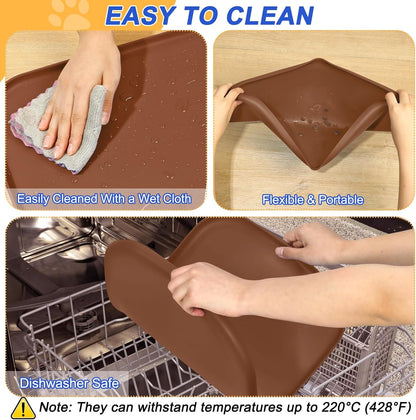 Silicone Pet Feeding Mat with Raised Edge for Food and Water, Dog Bowl Mats, Cat Bowls Placemat with High Lip for Floor Waterproof, Rubber Tray for Cats and Dogs 22 x 14 x0.8 Brown