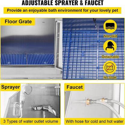 VEVOR Dog Grooming Tub, 62" L Pet Wash Station, 304 Stainless Steel Pet Grooming Tub Rated 661LBS Load Capacity, Non-Skid Dog Washing Station Comes with Ramp, Faucet, Sprayer and Drain Kit