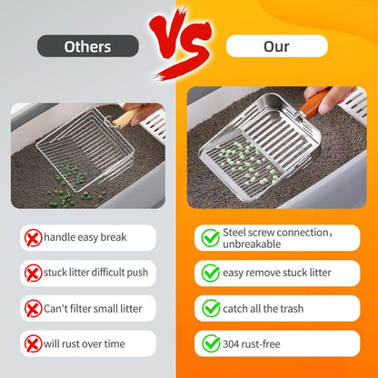 304 Stainless Steel Cat Litter Scoop, One-Piece Pressed Design with No Weld Spots, Durable Anti-Break Handle, Dual Slot Sizes, Easy to Clean, Filters Small Litter Clumps Litter Scoop