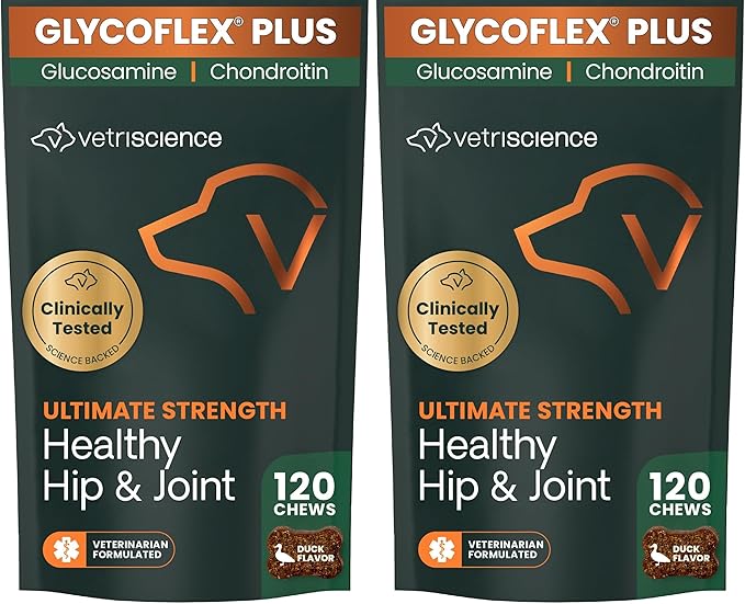 VetriScience Ultimate Strength Healthy Hip & Joint Chews, GlycoFlex Glucosamine, Chondroitin & GreenLipped Mussel Support Supplement for Dogs, Soothe Joint Discomfort, Duck,120 Ct (Pack of 2)