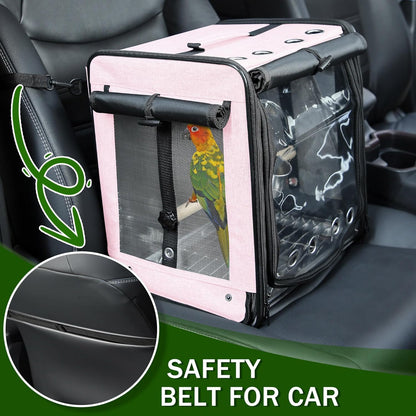 Suertree Bird Carrier with Seat Belt for Car Travel, Bird Backpack Carrier with Indestructible Stainless Steel Mesh, Large Bird Carrier Travel Cage, Pink