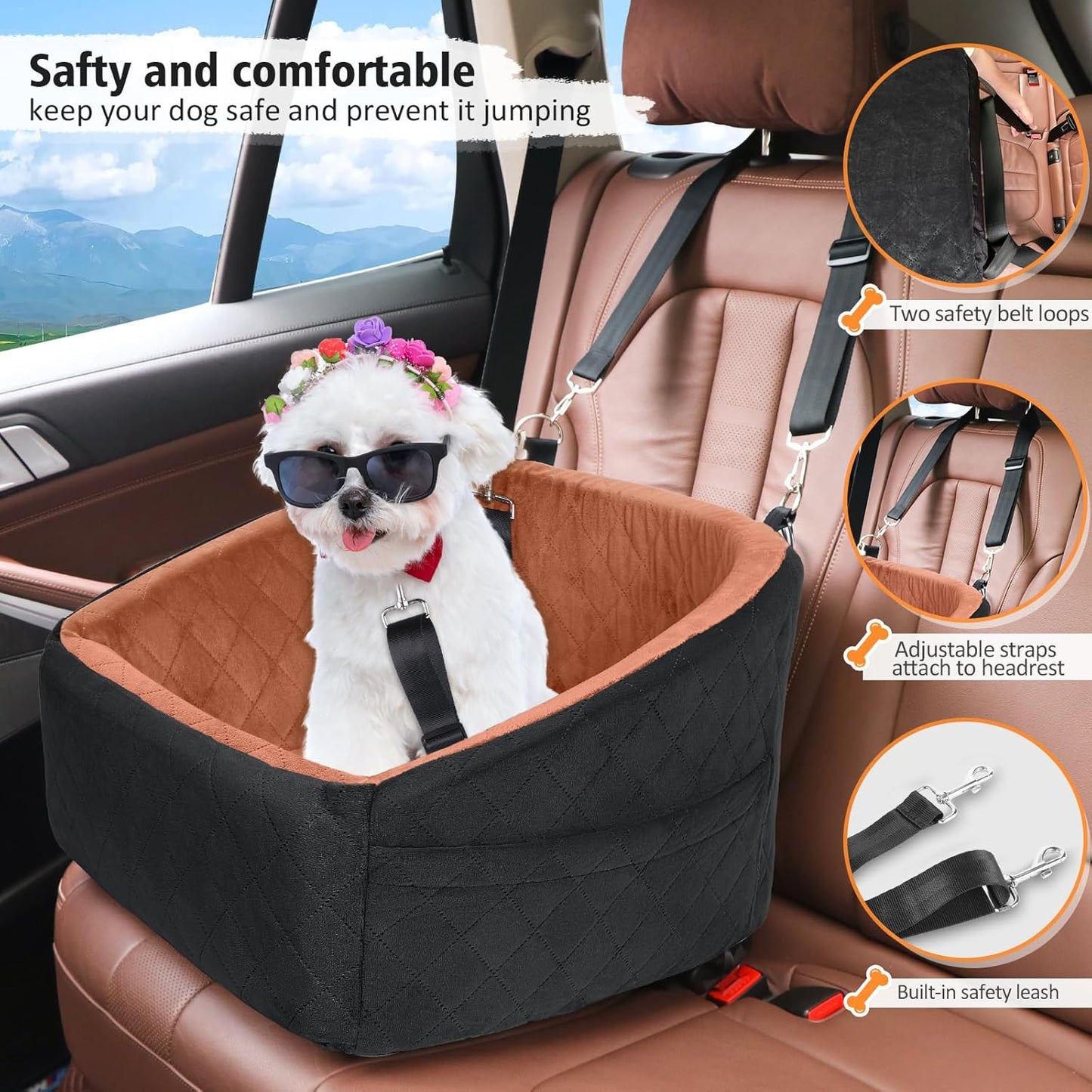 Dog Car Seat for Small Medium Dogs,Detachable Washable Dog Booster Seat Under 30lbs, Pet Car Seats Travel Bed with Storage Pockets and Safety Belt(Black/Z) - Pawvie
