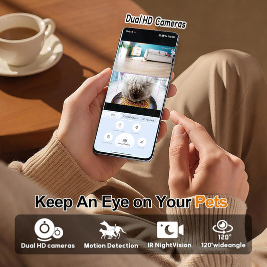 6L Automatic Cat Feeder with Dual Camera, 1080P HD Night Vision & Dual Power Supply, Easy Setup Timed Food Dispenser with Desiccant Bag for Cats & Dogs, 5G WiFi Pet Feeder with 2-Way Audio