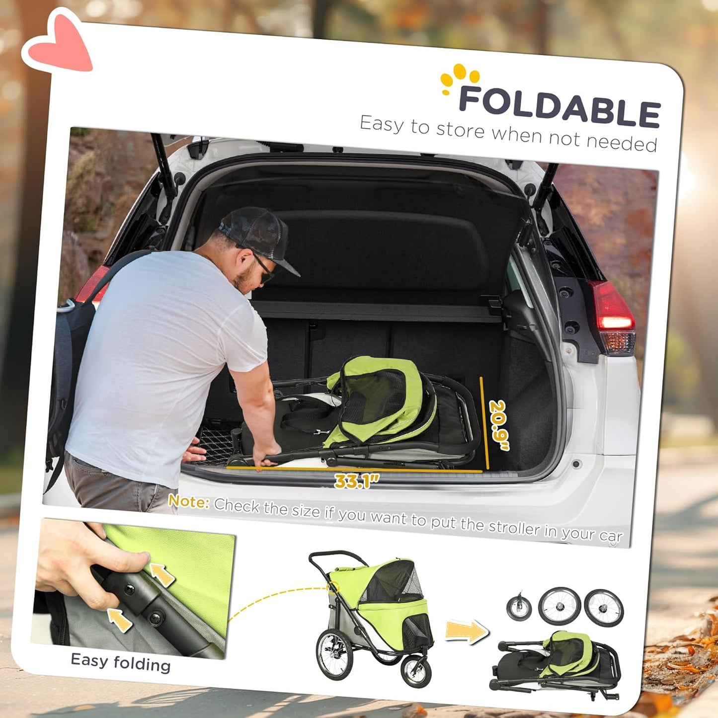 PawHut Dog Stroller, Pet Stroller 3 Wheels with Easy One-Hand Fold, Rubber Wheels, Storage Bag, Soft Cushion, Safety Leash, for Small & Medium Dogs, Yellowish Green - Pawvie