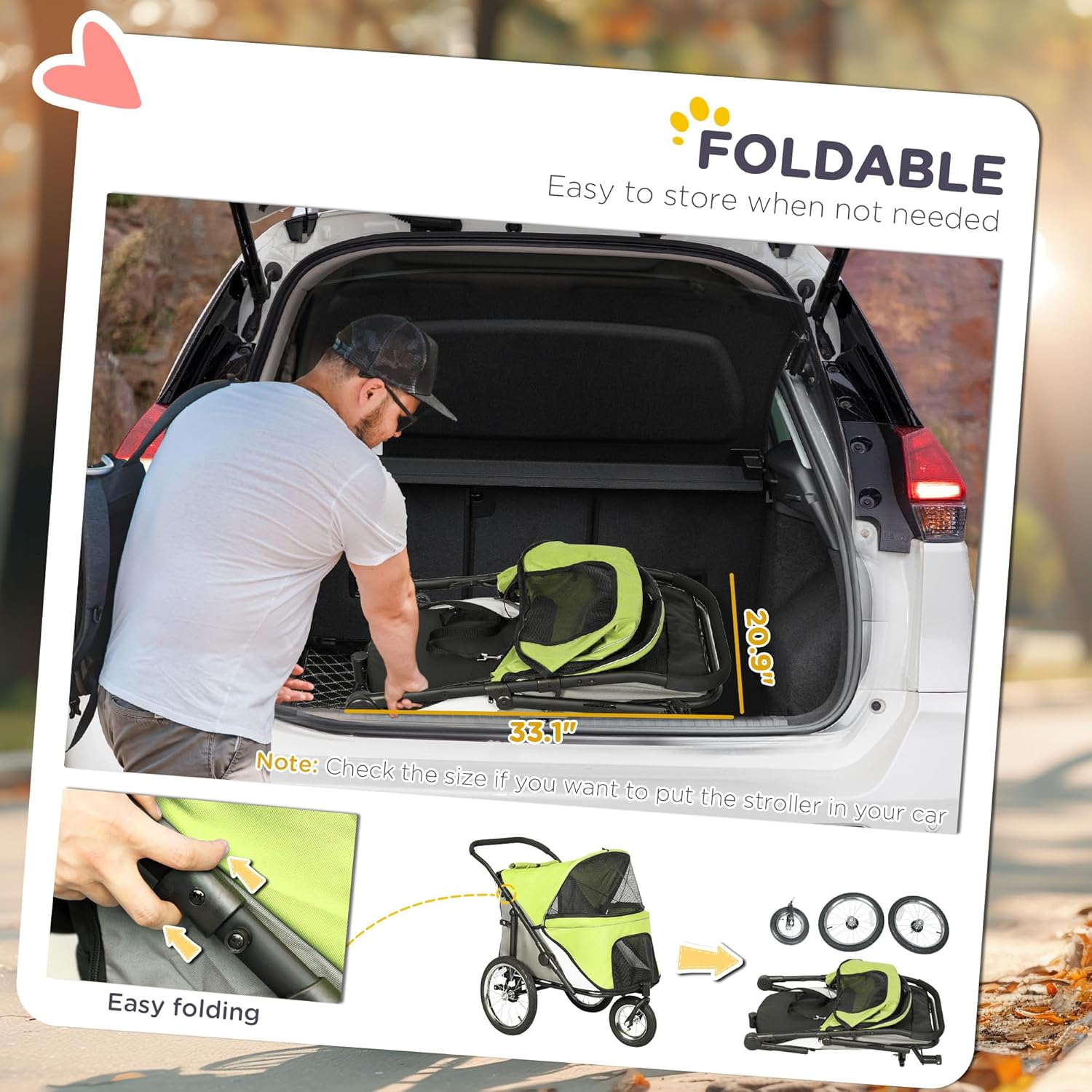 PawHut Dog Stroller, Pet Stroller 3 Wheels with Easy One-Hand Fold, Rubber Wheels, Storage Bag, Soft Cushion, Safety Leash, for Small & Medium Dogs, Yellowish Green - Pawvie