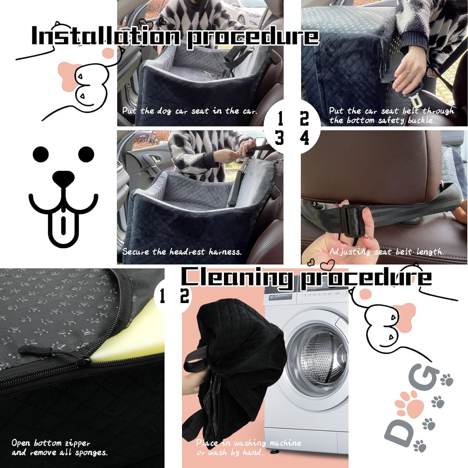 Dog Car Seat for Small Medium Dogs-Safety and Comfy Pet Booster Carseats with 2 Clip-On Satebelt & Storage Pockets,Washable and Detachable Puppy Car Seat for Dogs up to 30 lbs.(H-Black/Grey) - Pawvie