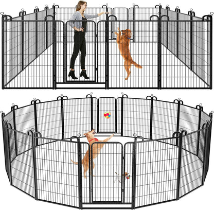 Dog Playpen Outdoor 16 Panels Heavy Duty Dog Fence 47" Height Anti-Rust with Doors Portable for RV Camping Yard, Total 36FT, 103 Sq.ft, Snowy Black