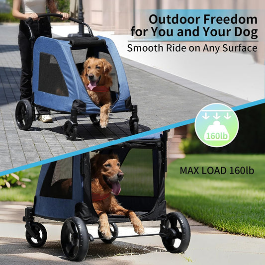 EchoSmile Heavy-Duty Large Dog Stroller with Shock-Absorbing Wheels, Foldable Pet Travel Carrier for Medium & Large Dogs, 5 Mesh Windows, 160 lbs Capacity, Easy Assembly & Storage - Pawvie