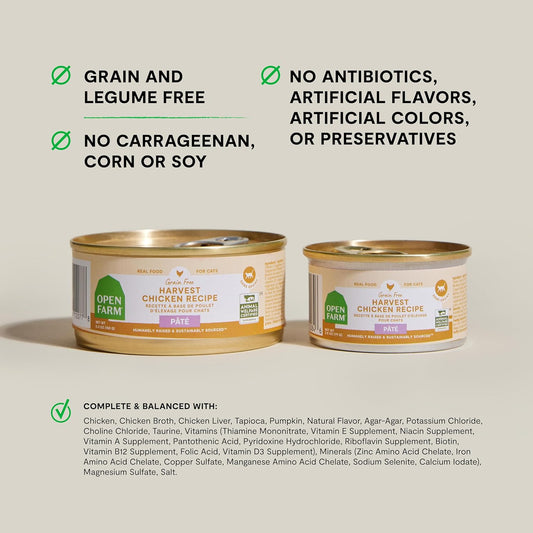 Open Farm Canned Cat Food, Paté for Complete & Balanced Nutrition, Grain-Free and Legume-Free Wet Cat Food, Harvest Chicken Recipe, 2.8oz Cans (Case of 18)