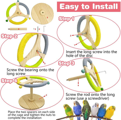 PINVNBY Bird Stand Perch Toy Wooden Spinning Parrot Perch with Cotton Rope and Bell Interactive Cockatiel Toy Bird Cage Accessories for Parakeets Conures Budgies Finches Lovebirds