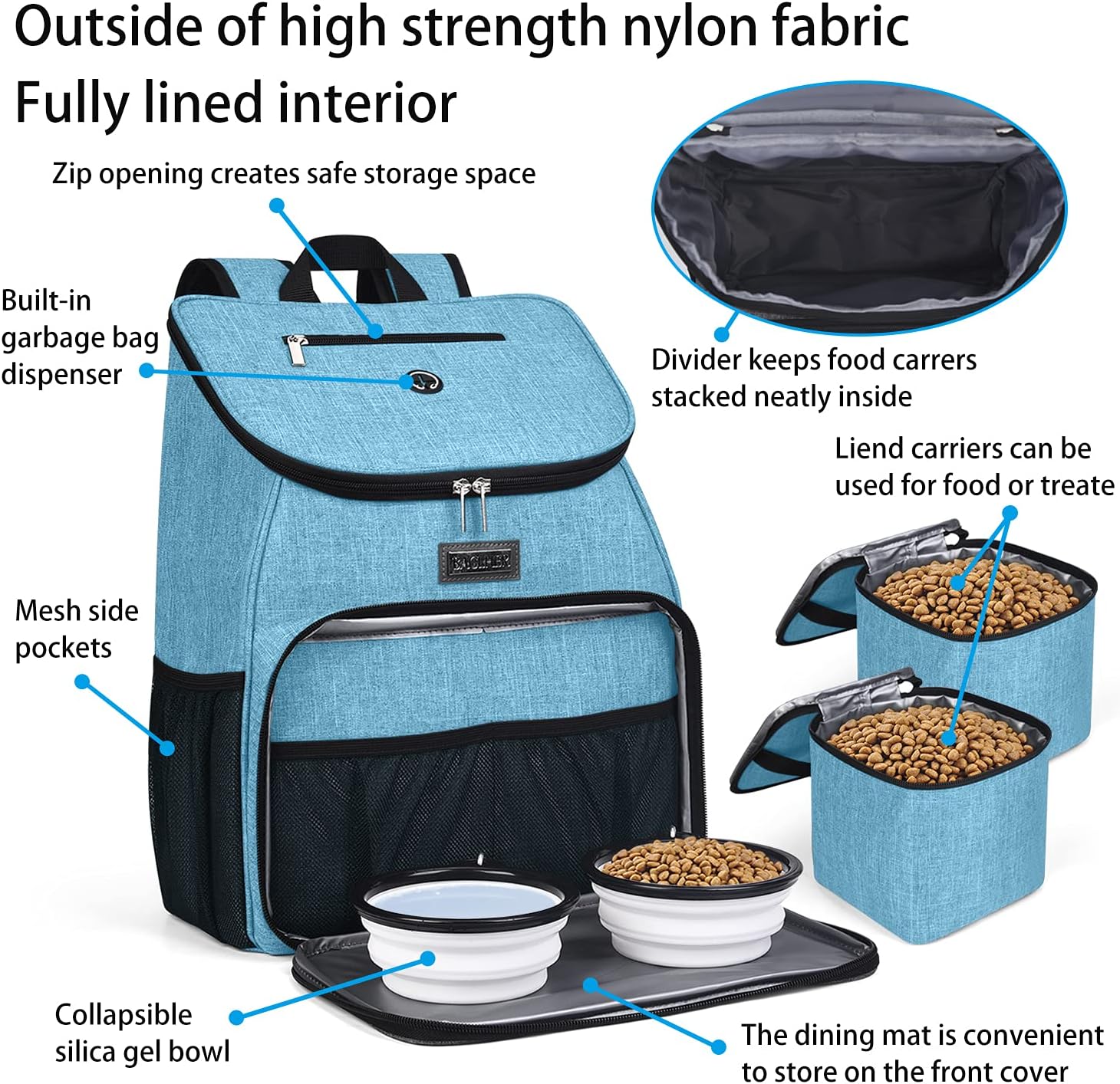 BAGLHER丨Dog Travel Bag, Airline Approved Pet Supplies Backpack, Dog Travel Backpack with 2 Silicone Collapsible Bowls and 2 Food Baskets - Pawvie
