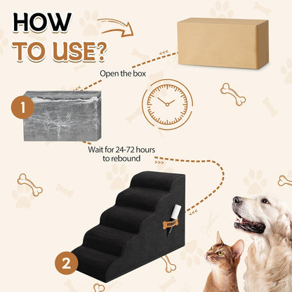 Dog Stairs, Romrol Dog Steps Ramp for High Bed and Couch, Dogs Ramp with Durable Non-Slip Waterproof Fabric Cover, Pet Stairs for Small Dogs and Cats or Pets Joints, 4-TiersBlack - Pawvie