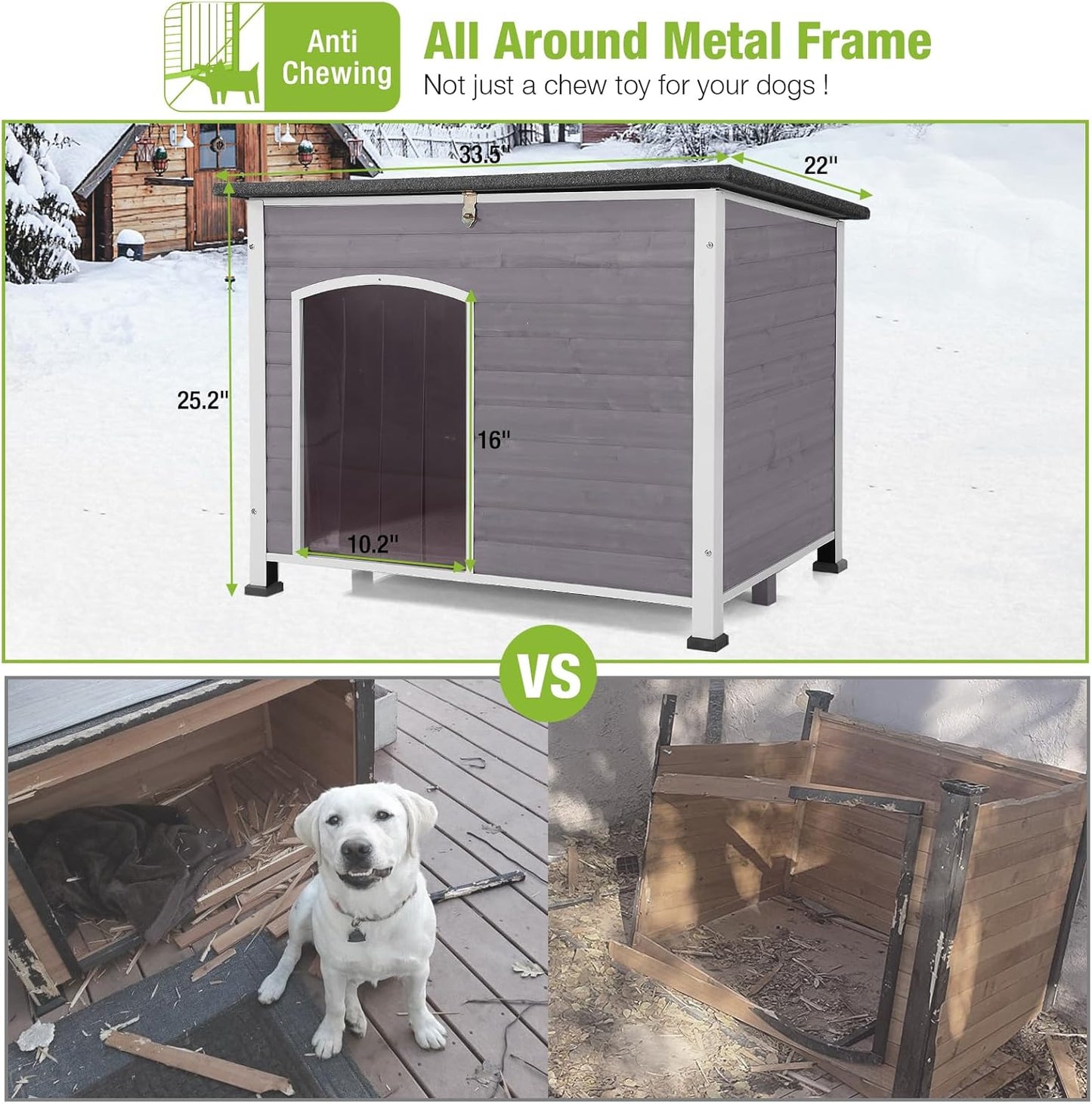 GUTINNEEN Dog House Insulated Outdoor Dog Kennel with Liner for Winter Large(Grey and White)