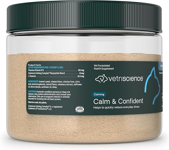 VetriScience Calm & Confident Powder, Composure Calming and Anxiety Supplement for Cats, Reduce Stress and Fear, Ideal for Travel, Vet, Grooming and Routine Changes, Cheese & Chicken Flavor, 60 Scoops