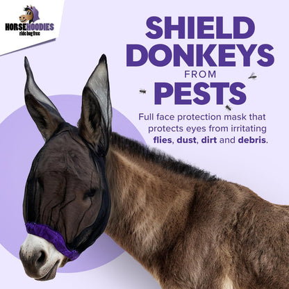 Donkey Fly Mask with Long Ears (Purple) Made in USA - Mule Fly Mask with Ears Protection from Insects and Bugs, Small Donkey Soft Mesh Fabric with Adjustable Fastener, Face Cover Supplies for Donkeys