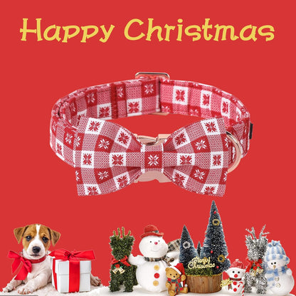 Unique Style Paws Christmas Day Dog Collar with Bow Christmas Red Papercut Cotton Puppy Collars for Small Medium Large Dogs