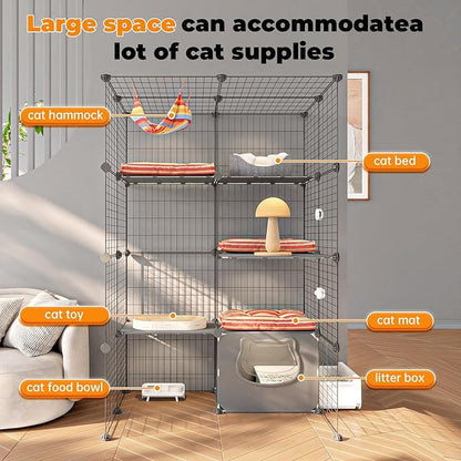 Oneluck Cat Cage with Litter Box,4-Tier DIY Enclosures Large Playpen Detachable Metal Wire Kennel Indoor Crate Large Exercise Place Ideal for 1-2 Cats (35" L x 28" W x 55" H)