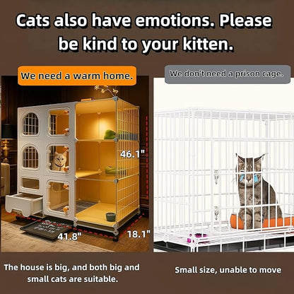 cat cage Indoor with Litter Box, Complimentary Bed, Bowl,Cleaning Three Piece Set,Large cat Enclosure, Cat House with Wheels Outdoor,Small Animal Cage cat Kennel (White, 41.8″(L) x18.1″(W) x46.1″(H))