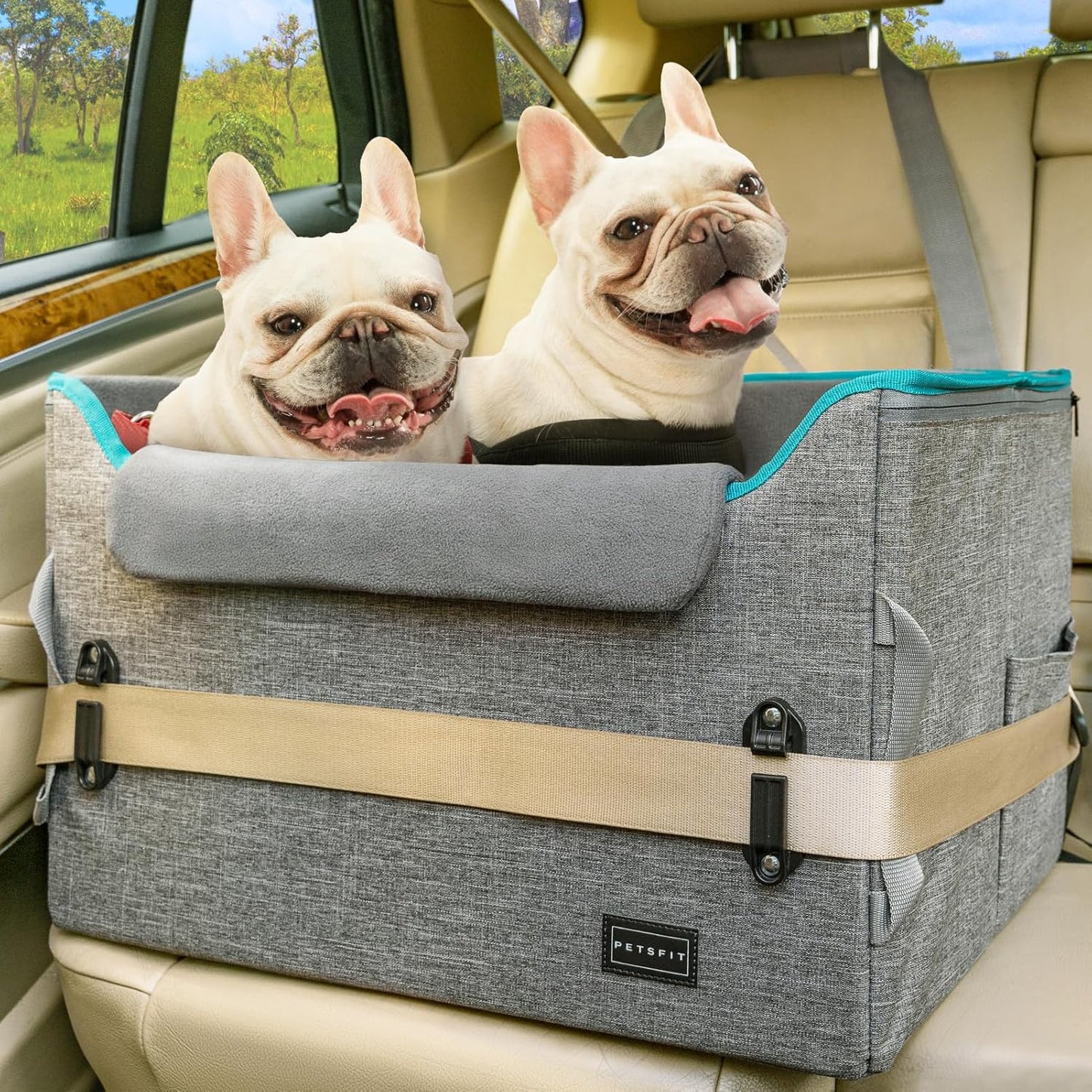 PETSFIT Dog Booster Car Seat for Small/Medium Dogs, Dog Car Seat for Medium Sized Dog with 2 Clip-On Safety Leashes and Patented Buckles, Pet Car Seat with Storage Pockets for Pets Under 45Lbs (Grey) - Pawvie