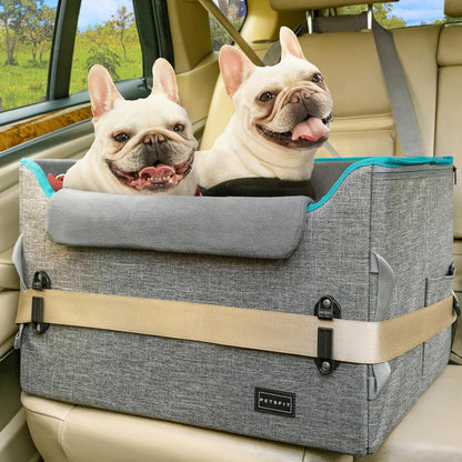 PETSFIT Dog Booster Car Seat for Small/Medium Dogs, Dog Car Seat for Medium Sized Dog with 2 Clip-On Safety Leashes and Patented Buckles, Pet Car Seat with Storage Pockets for Pets Under 45Lbs (Grey) - Pawvie